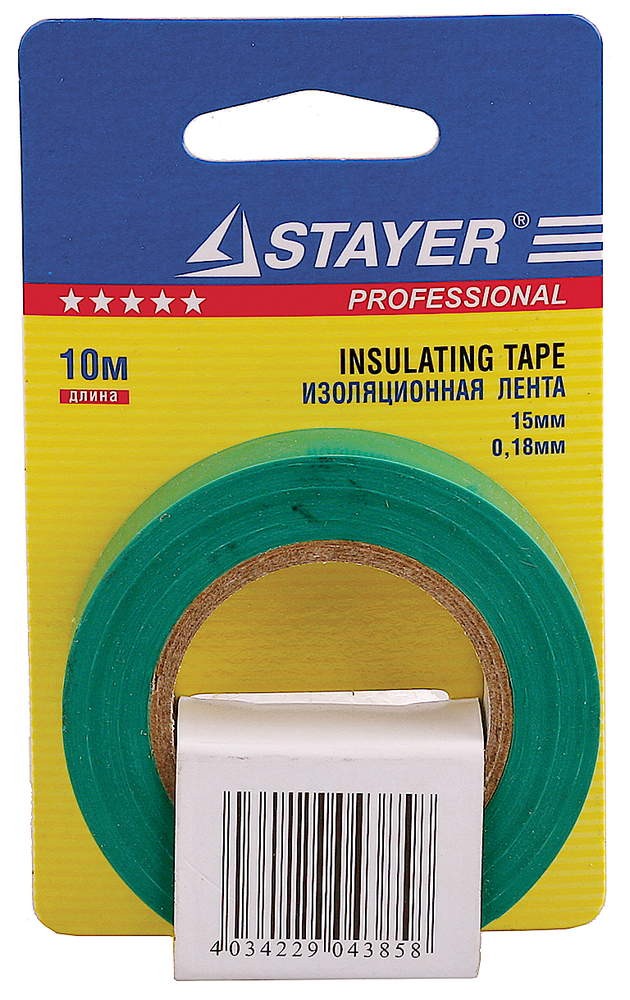 Изолента ПВХ, 15мм х 10м, зеленая, на карточке STAYER