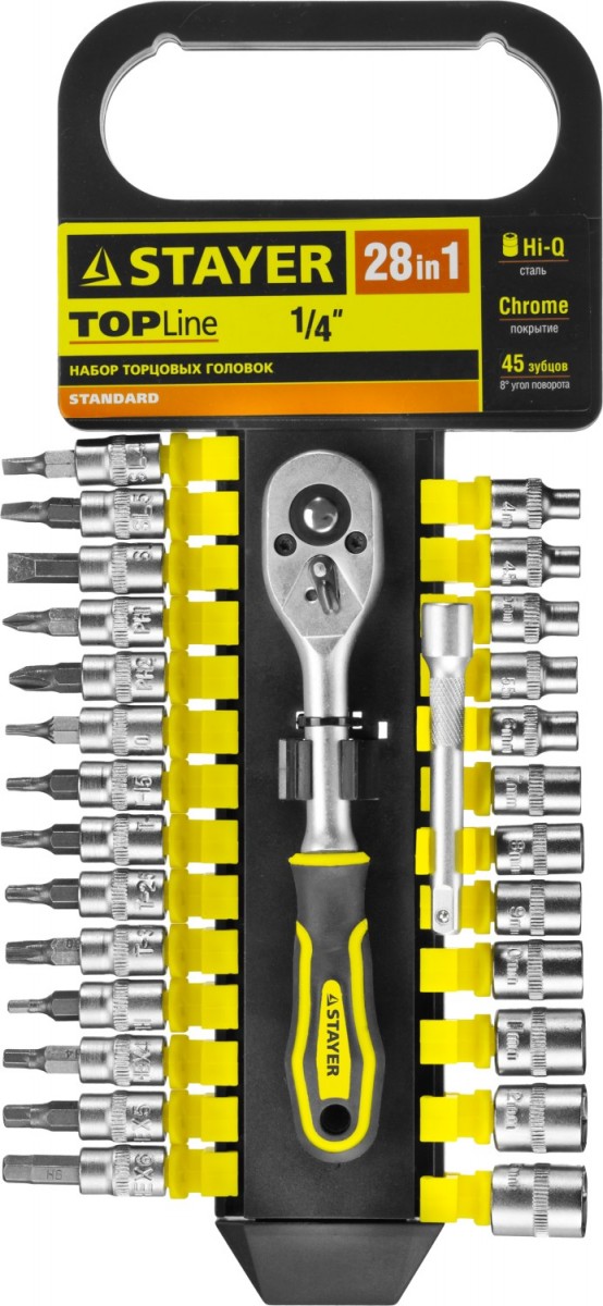 Набор торцевых головок, 4-13 мм, 6-ти гр., 28 шт., 1/4", с трещоткой STAYER "STANDARD"
